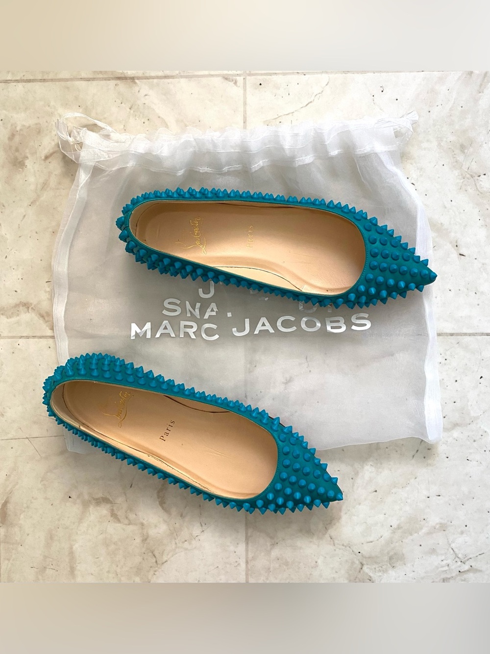 Christian Louboutin Pigalle Turquoise Blue Leather Spike Studs Ballet Flats 7/37